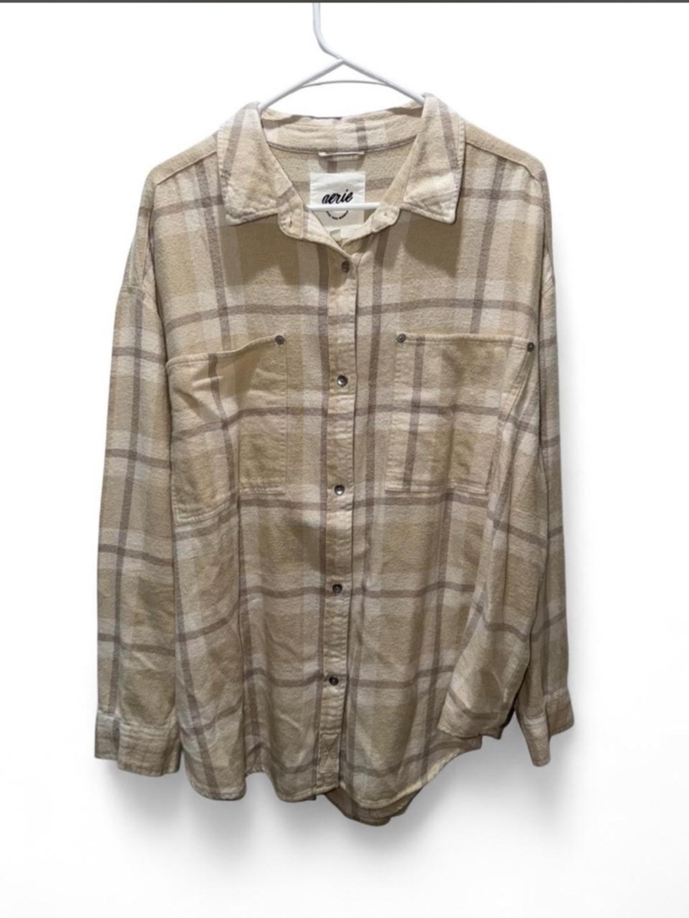 aerie Oversized Womens Tan Beige Plaid Button-Down Shirt